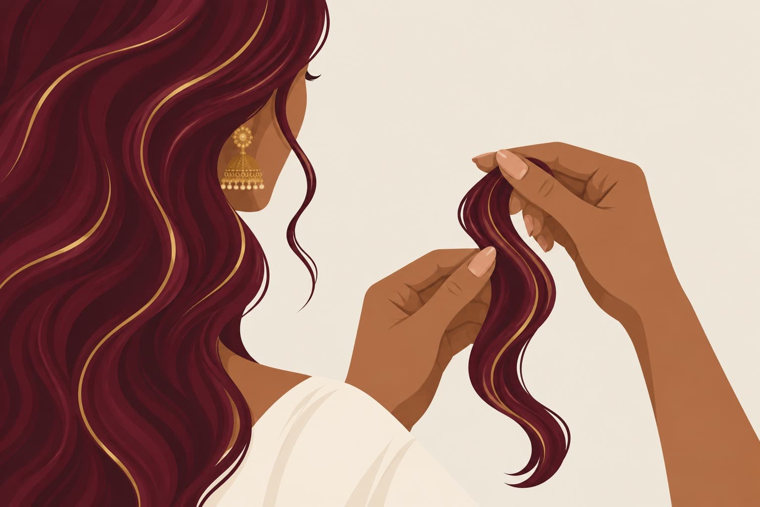 Illustration of a woman closely examining a strand of styled hair