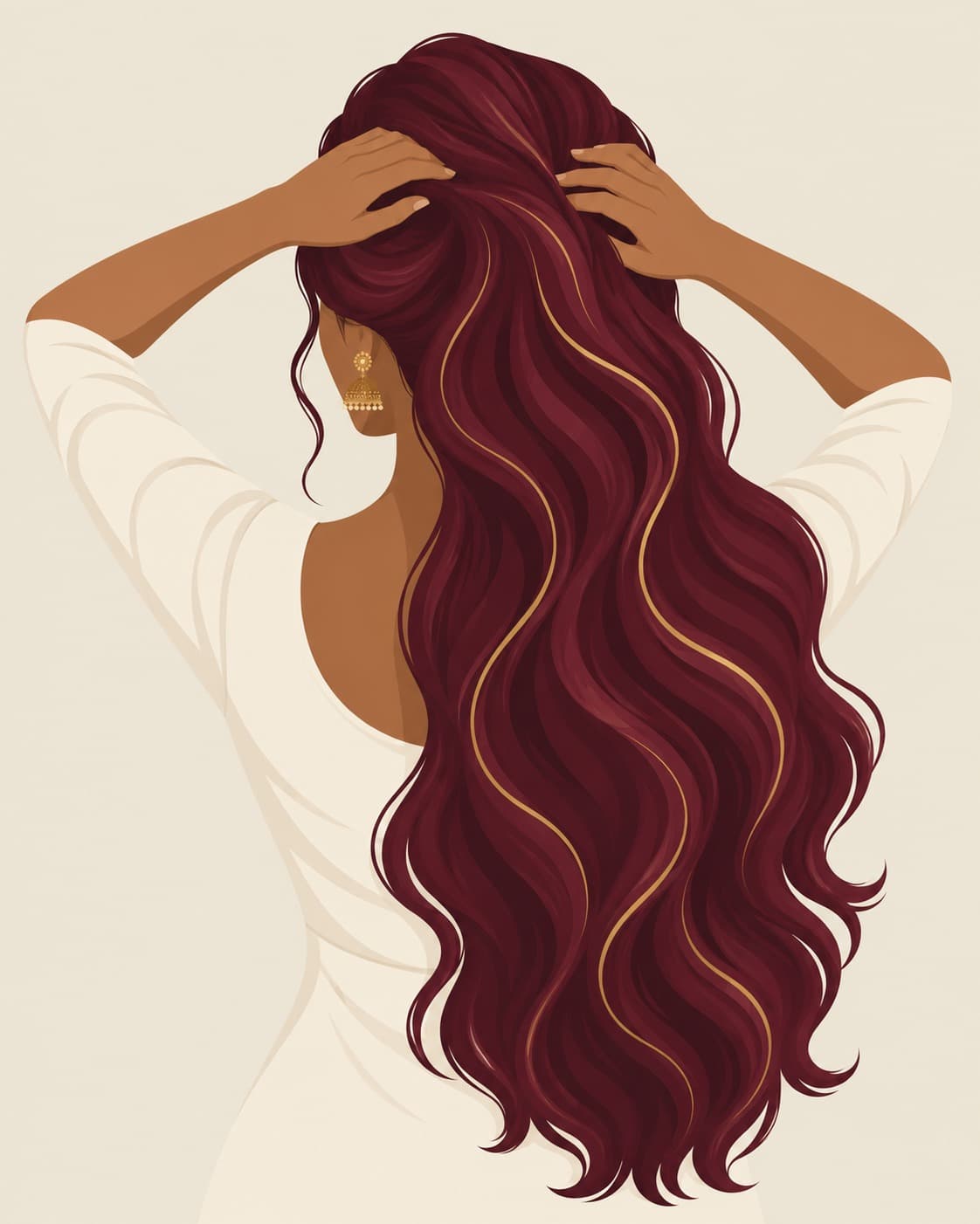 Illustration of a woman styling her hair, in IBEN's brand colours